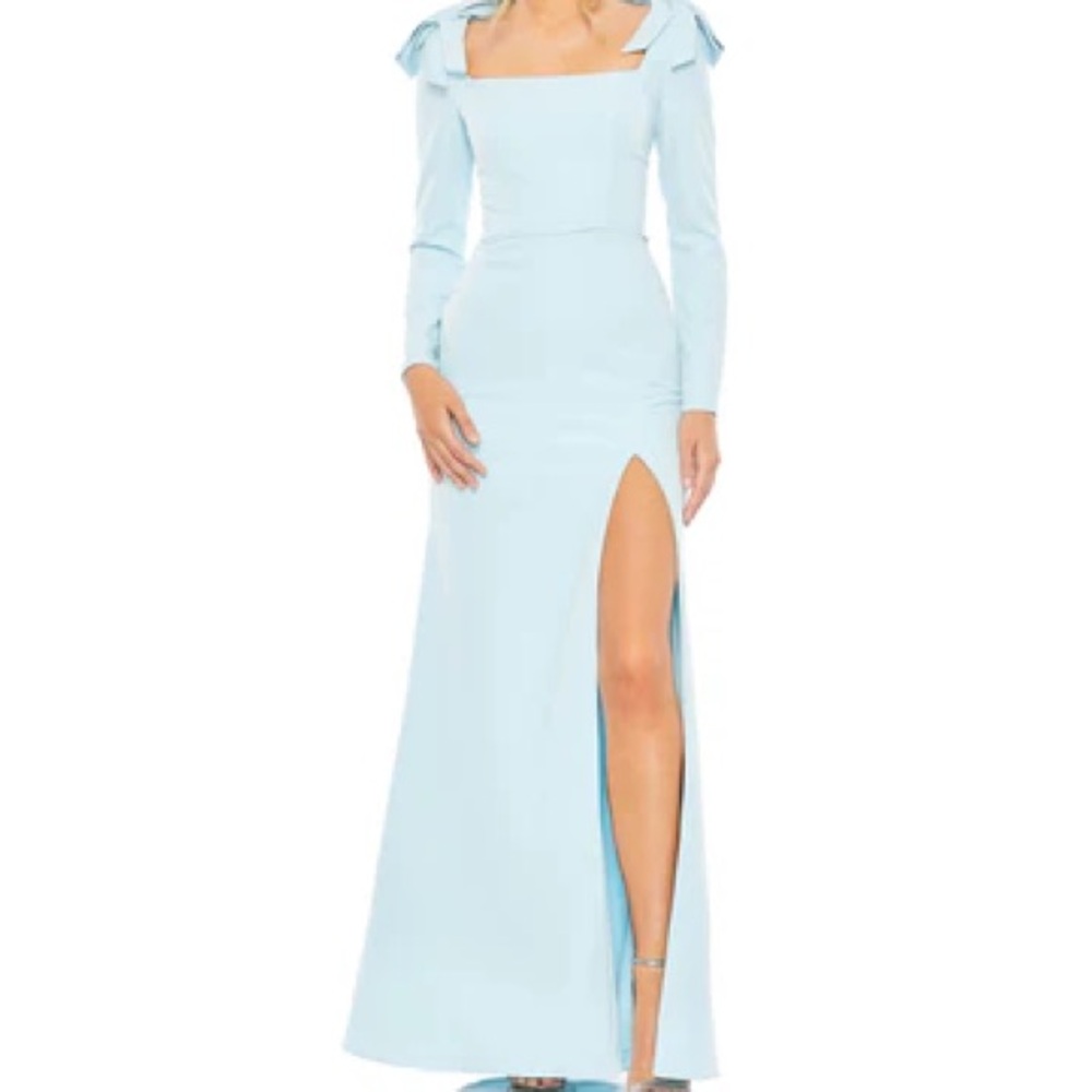 Mac Duggal empire waist long sleeve bow shoulder gown